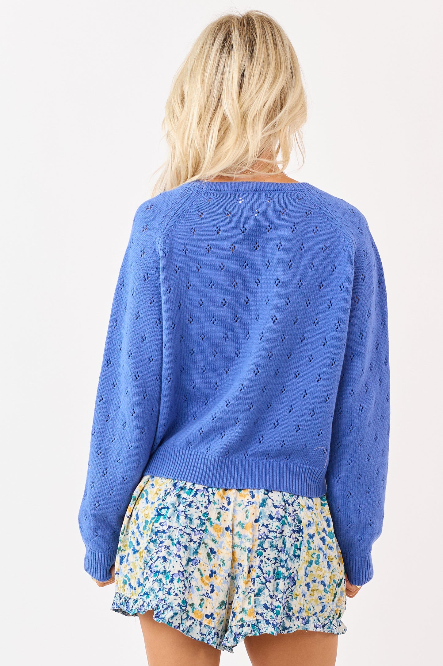 Cobalt Pointelle Button Down Long Sleeve Cardigan
