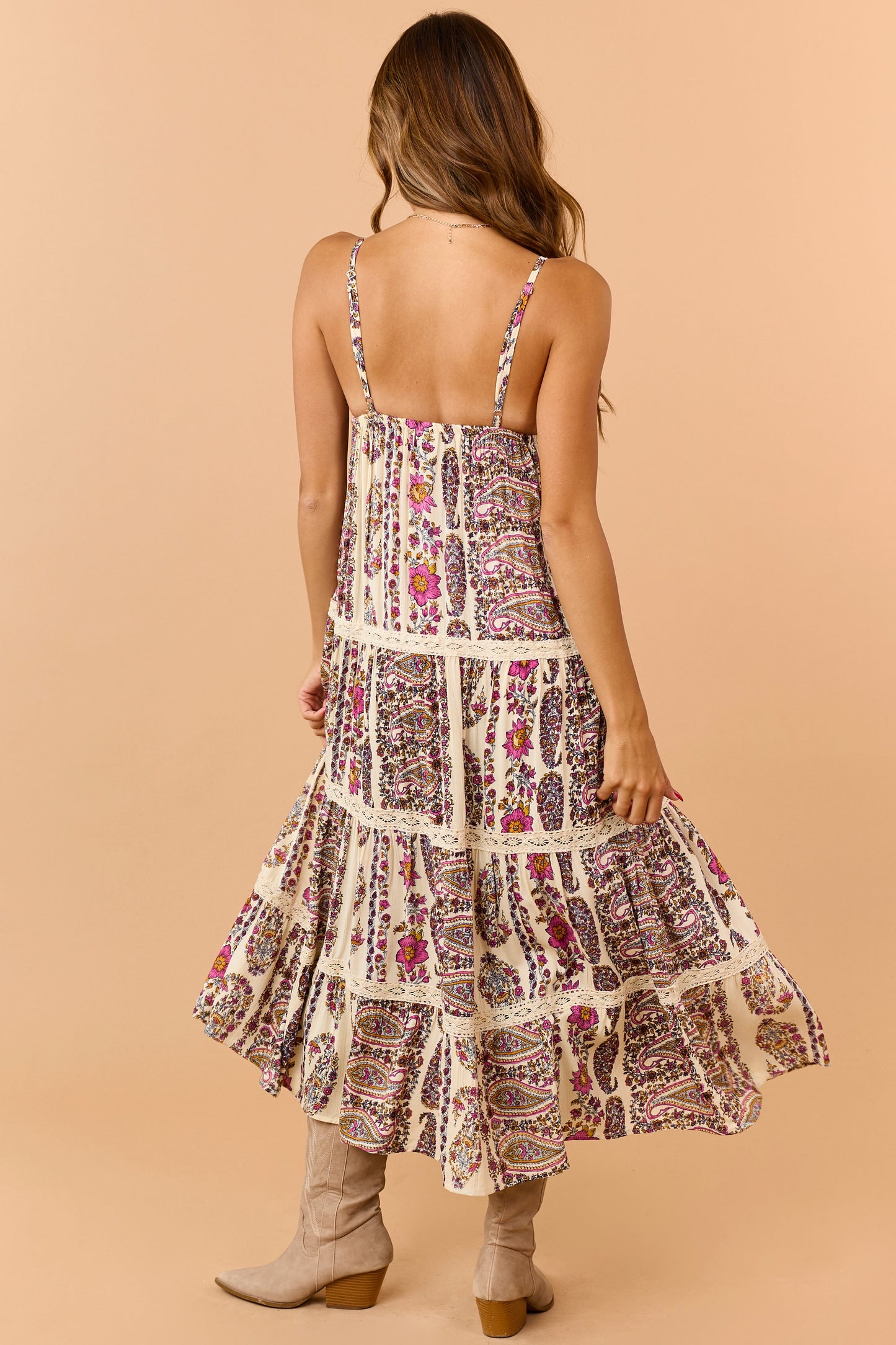 Cream Paisley Floral Print Tiered V-Neck Midi Dress