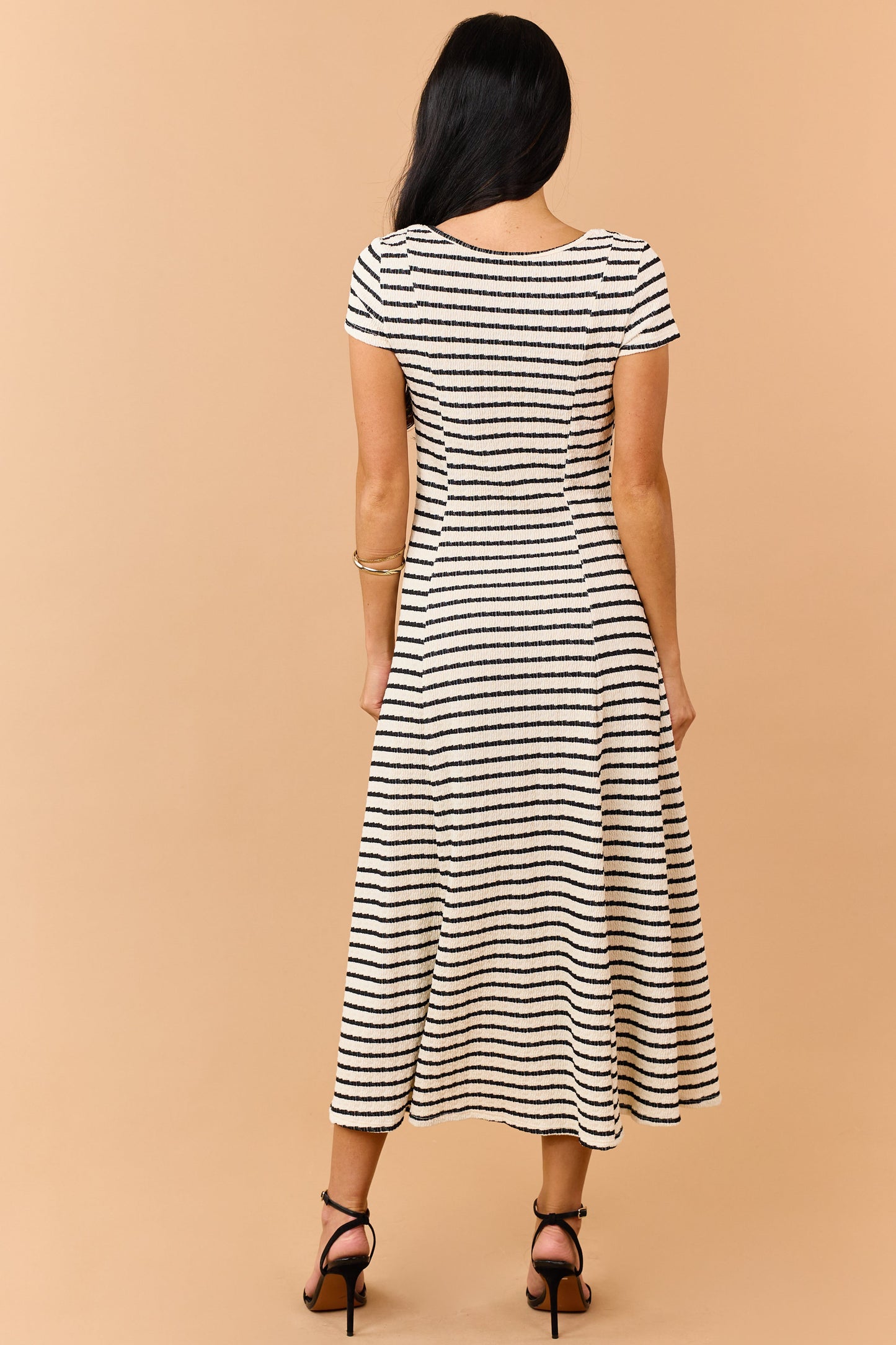 Cream Striped Textured Knit Faux Button Midi Dress