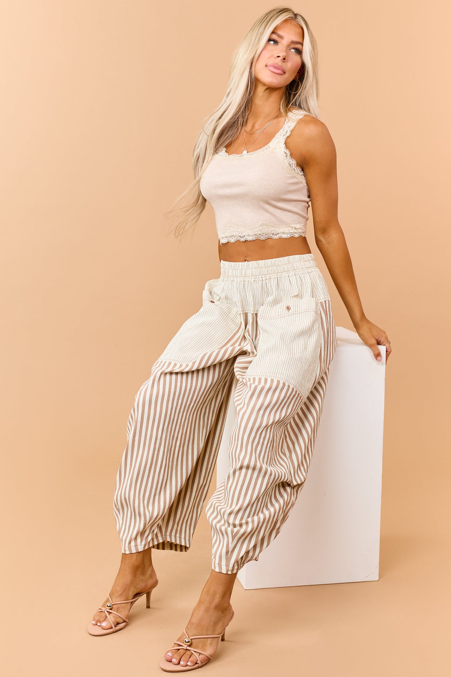 Cream and Latte Striped Wide Crop Pants