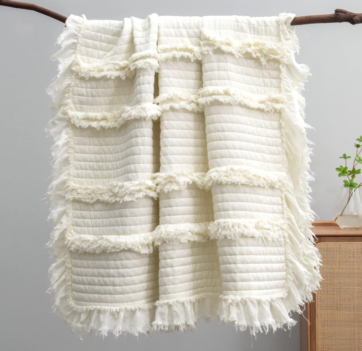 Soft Quilted Throw Blanket 🖤 Vintage Stone-Wash Microfiber with Ruffled Edges – Cozy Lightweight Bed, Sofa & Couch Blanket, Perfect Gift for Home & Holidays