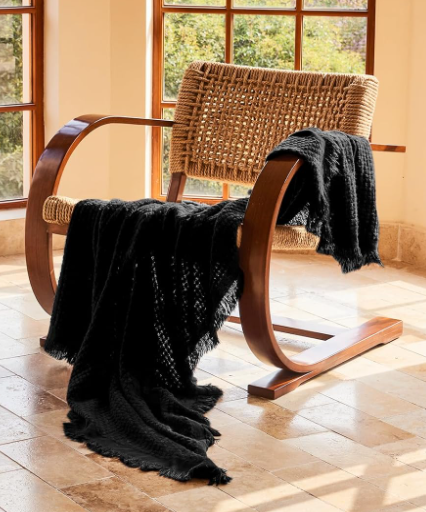 Boho Waffle Knit Throw Blanket 🖤 Soft & Lightweight All-Season Couch & Bed Decor with Fringe – Perfect Gift for Home & Holidays