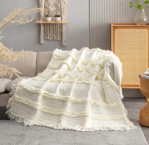 Soft Quilted Throw Blanket 🖤 Vintage Stone-Wash Microfiber with Ruffled Edges – Cozy Lightweight Bed, Sofa & Couch Blanket, Perfect Gift for Home & Holidays