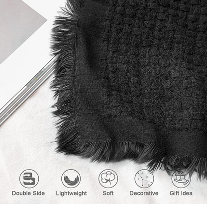 Boho Waffle Knit Throw Blanket 🖤 Soft & Lightweight All-Season Couch & Bed Decor with Fringe – Perfect Gift for Home & Holidays