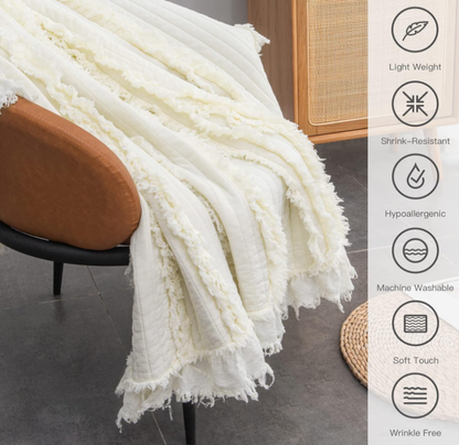 Soft Quilted Throw Blanket 🖤 Vintage Stone-Wash Microfiber with Ruffled Edges – Cozy Lightweight Bed, Sofa & Couch Blanket, Perfect Gift for Home & Holidays