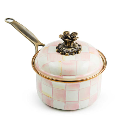 Mackenzie-Childs Rosy Check Enamel 1 Qt. Saucepan