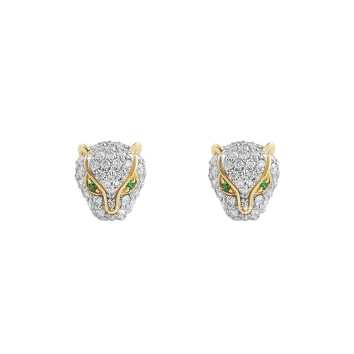 3D Tiger Face Diamond Earrings 1.24cttw 10K Yellow Gold