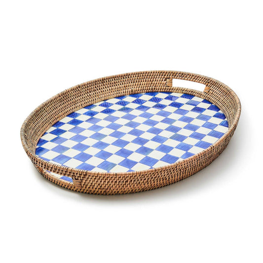 MacKenzie-Childs Royal Check Blue Enamel & Rattan Party Tray