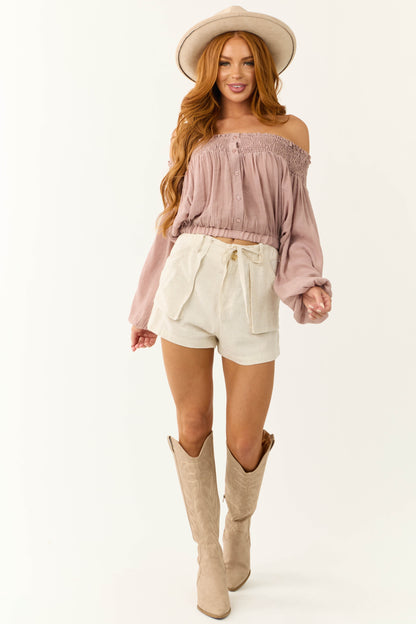 Almond Drawstring Waist Tie Linen Shorts