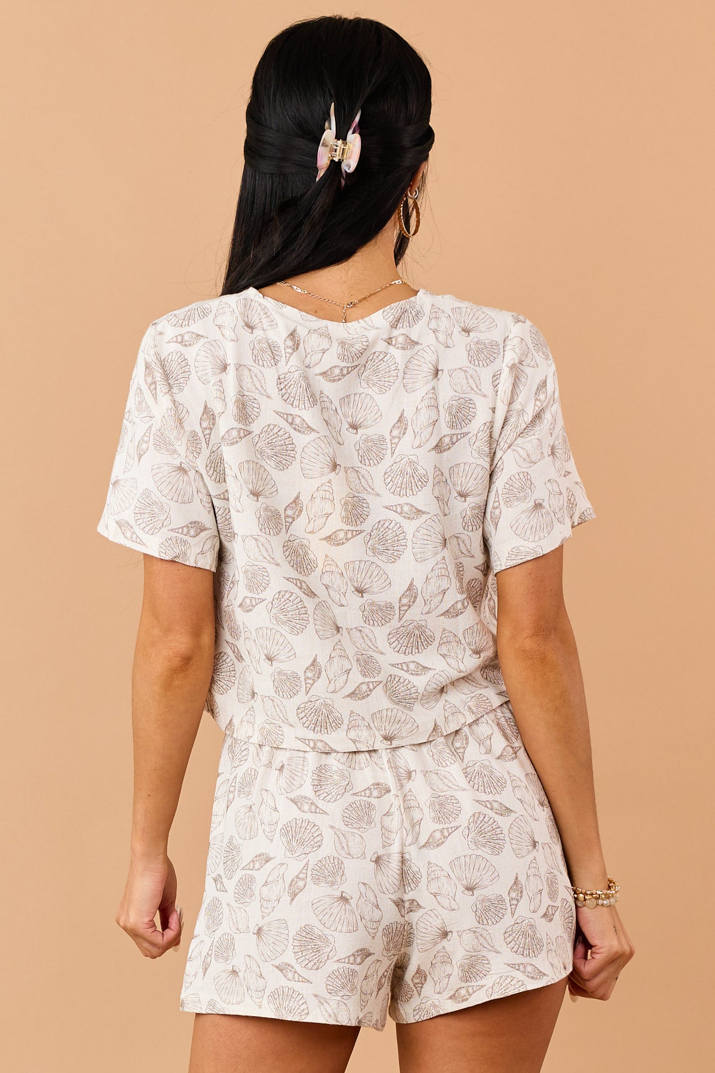 Almond Linen Blend Seashell Print Button Down Top