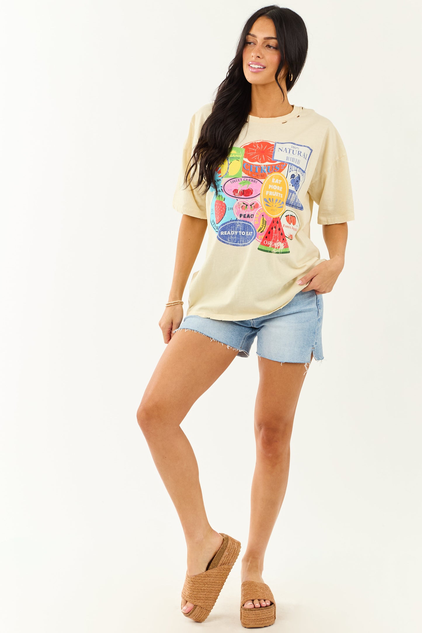 Almond Fruit Sticker Graphic Distressed Cotton Tee
