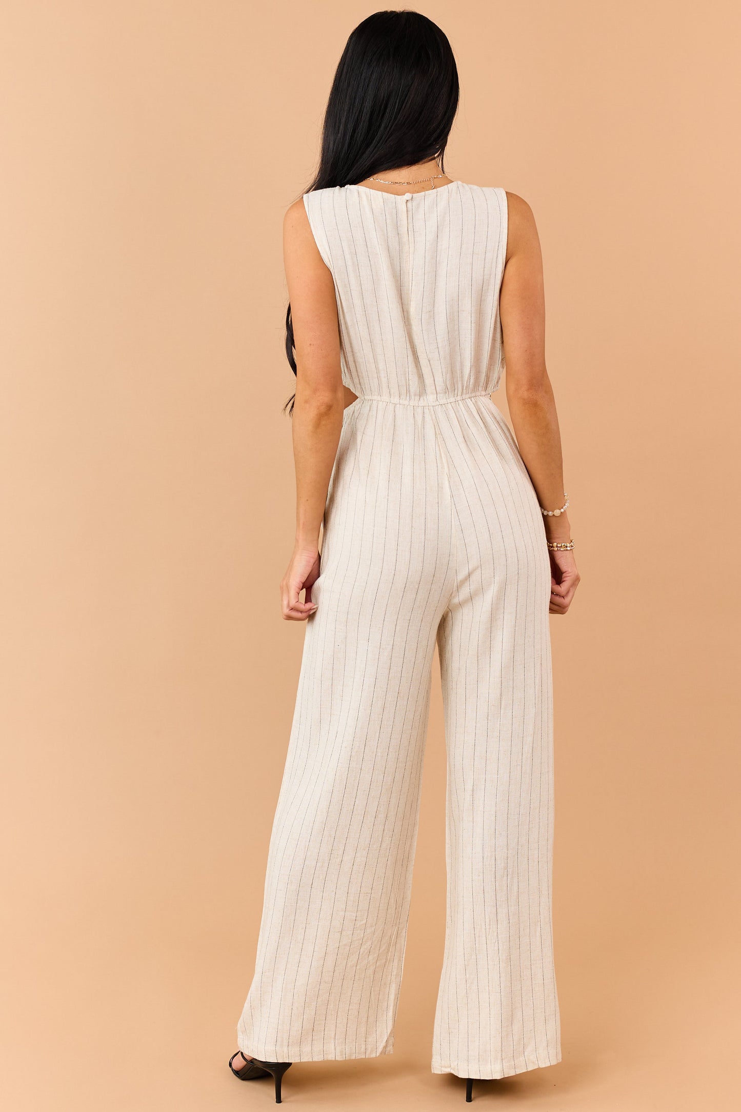Almond Pinstripe Linen Blend Side Cut Out Jumpsuit