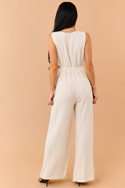 Almond Pinstripe Linen Blend Side Cut Out Jumpsuit