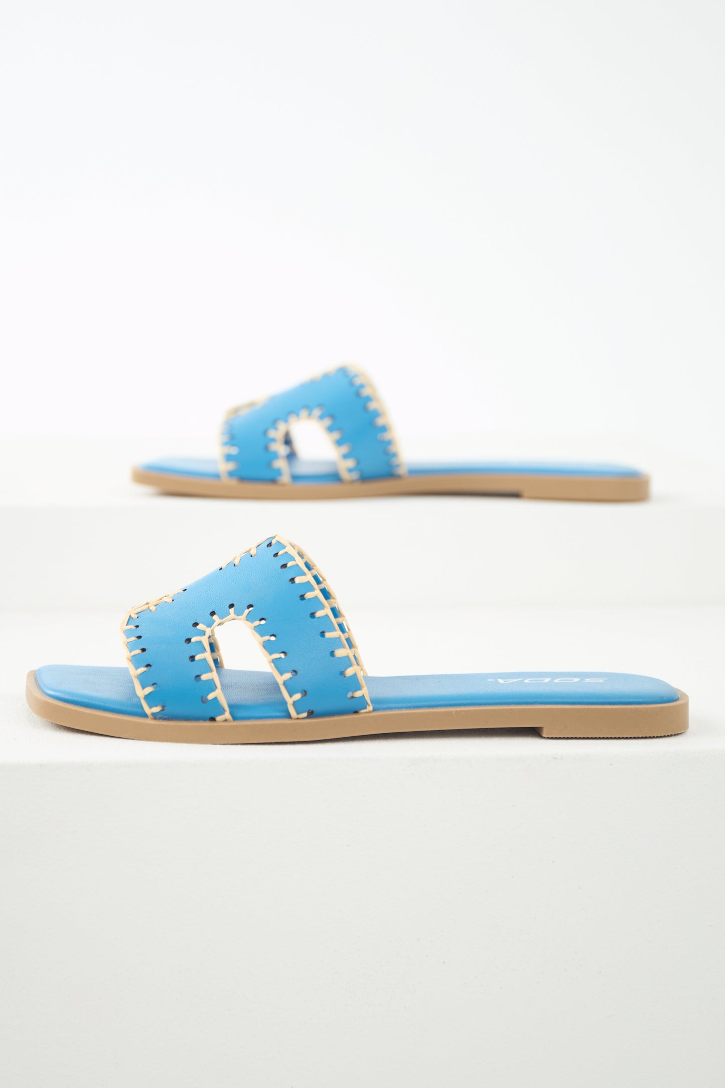 Azure Straw Trim Cut Out Strap Slide Sandals