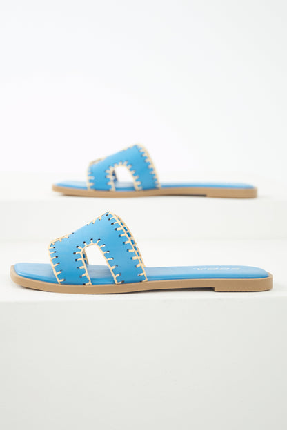 Azure Straw Trim Cut Out Strap Slide Sandals