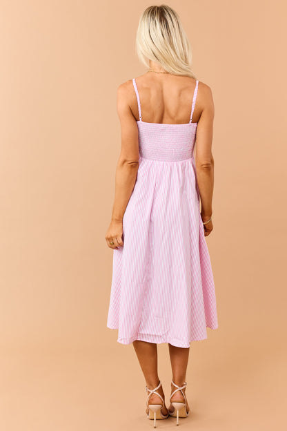 Baby Pink Striped Smocked Back Sleeveless Midi Dress