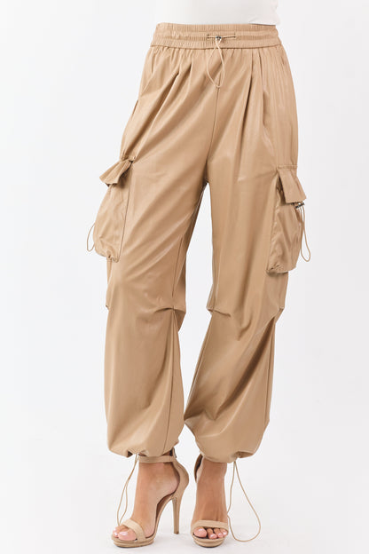 Beige Faux Leather Elastic Waist Cargo Pants