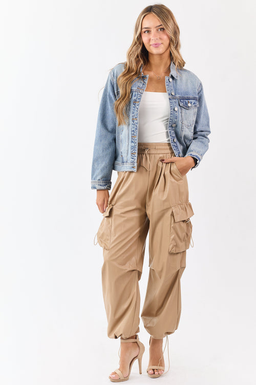 Beige Faux Leather Elastic Waist Cargo Pants