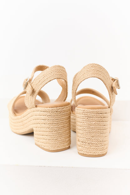 Beige Raffia Platform Ankle Strap Block Heels