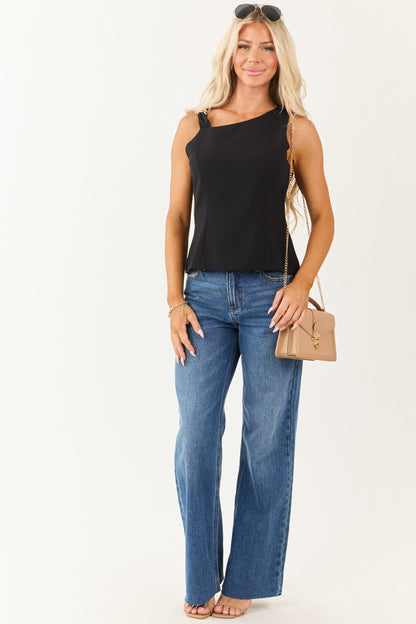 Black Asymmetrical Gold Ring Peplum Tank Top