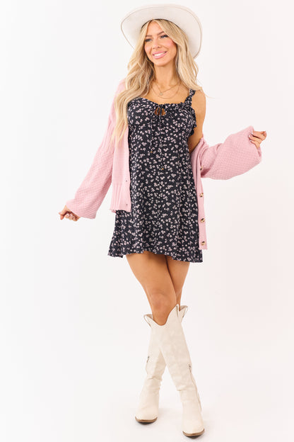 Black Ditsy Floral Print Ruffle Trim Mini Dress