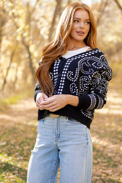 Black Dot Art Damask Button Down Sweater Cardigan