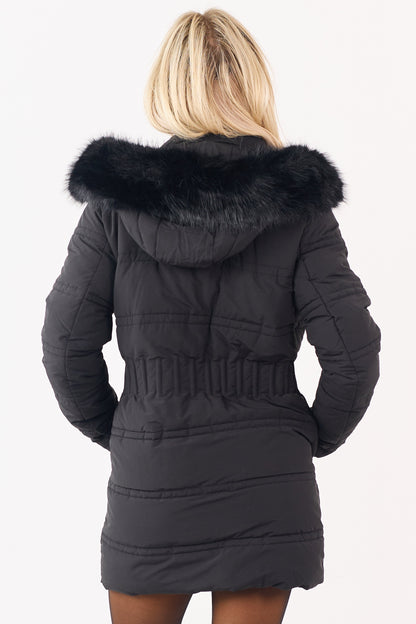 Black Faux Fur Lined Hood Zip Up Long Puffer Coat