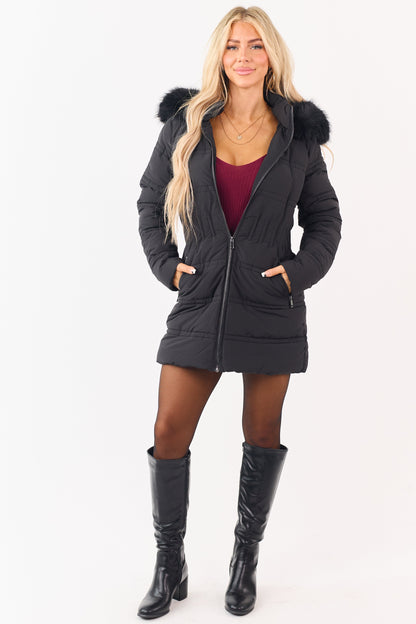 Black Faux Fur Lined Hood Zip Up Long Puffer Coat