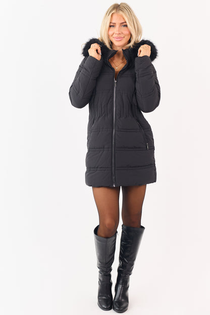 Black Faux Fur Lined Hood Zip Up Long Puffer Coat