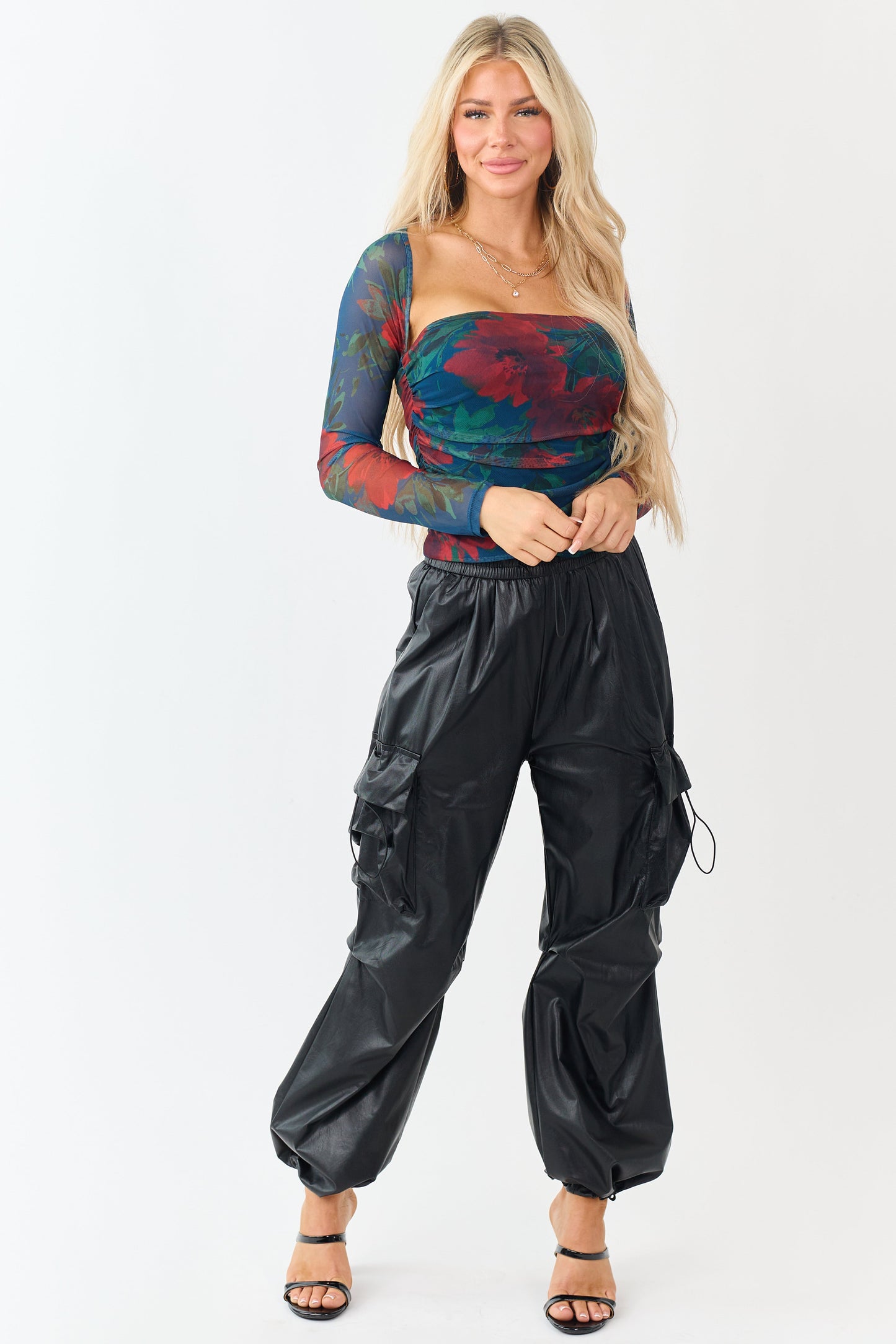 Black Faux Leather Elastic Waist Cargo Pants
