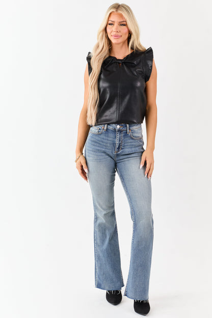 Black Faux Leather Ruffle Cap Sleeve Top