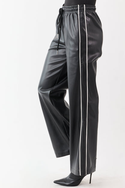 Black Faux Leather Side Line Drawstring Pants