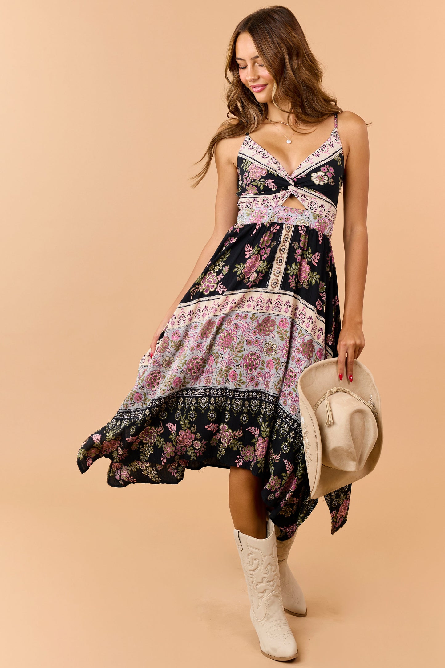 Black Floral Print Handkerchief Hem Midi Dress