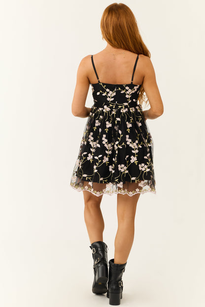 Black Floral Embroidered Mesh Lace Sleeveless Mini Dress