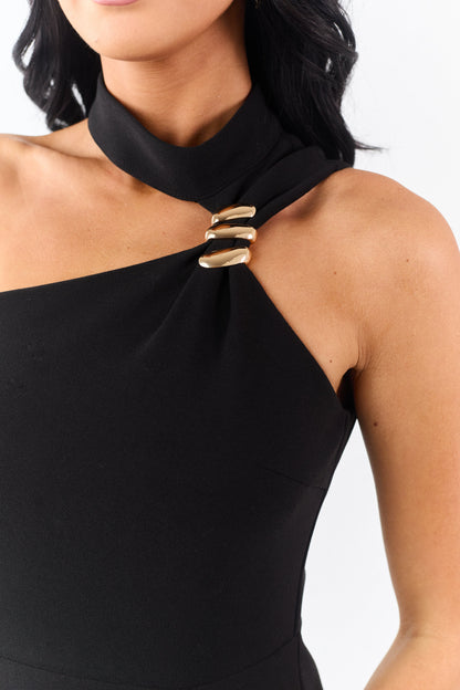 Black Gold Hardware Halter Neck Midi Dress