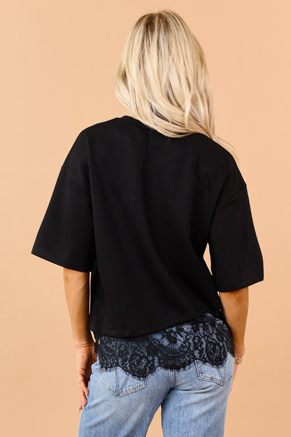 Black Lace Trim Asymmetrical Short Sleeve Top