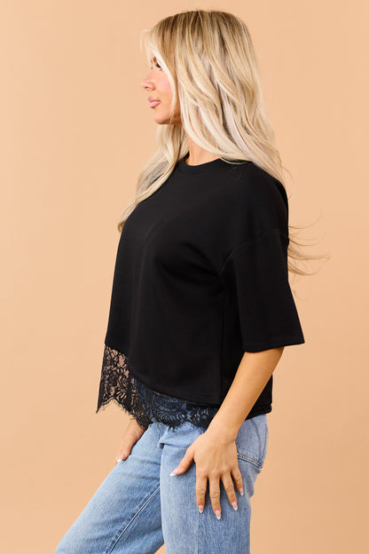 Black Lace Trim Asymmetrical Short Sleeve Top