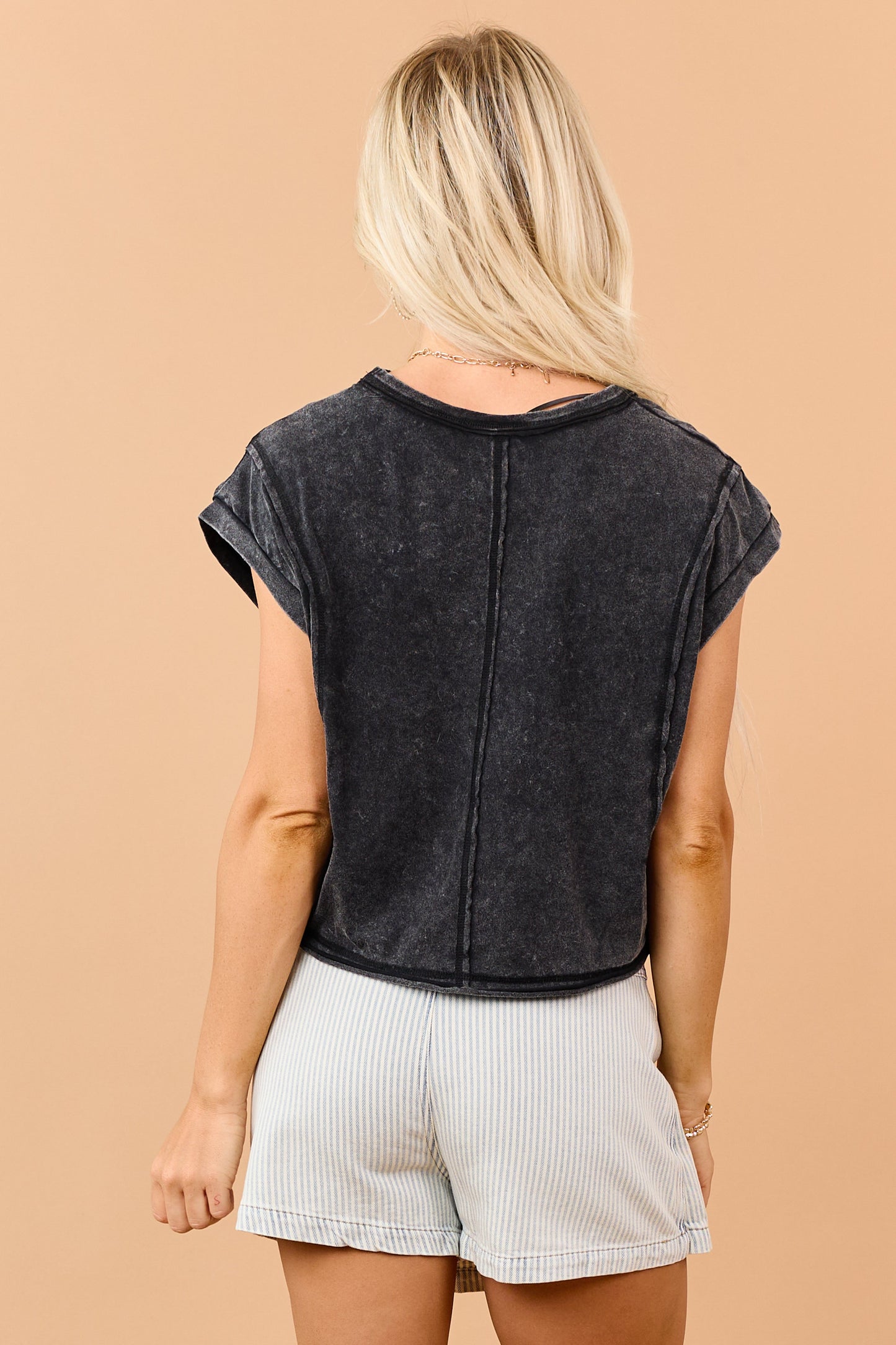 Black Mineral Wash Cotton Exposed Seam Boxy Top