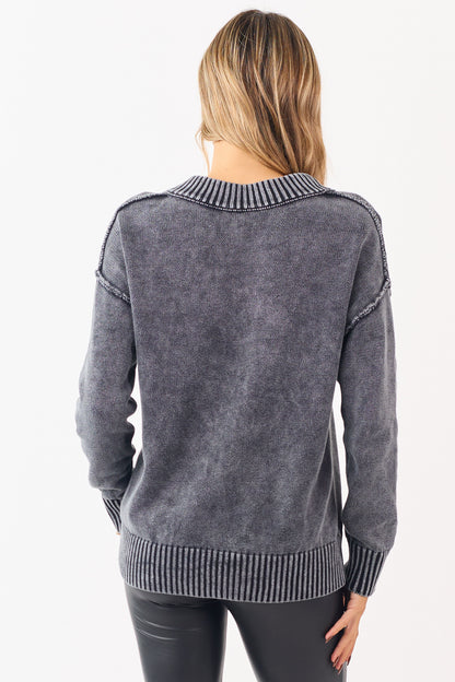 Black Mineral Washed Cotton Knit V-Neck Sweater
