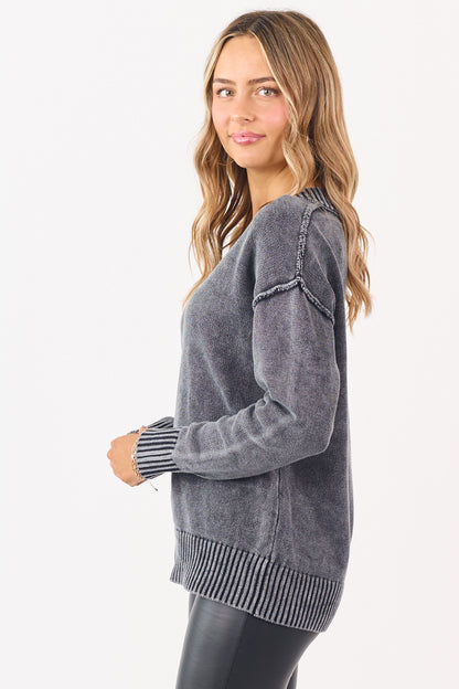 Black Mineral Washed Cotton Knit V-Neck Sweater