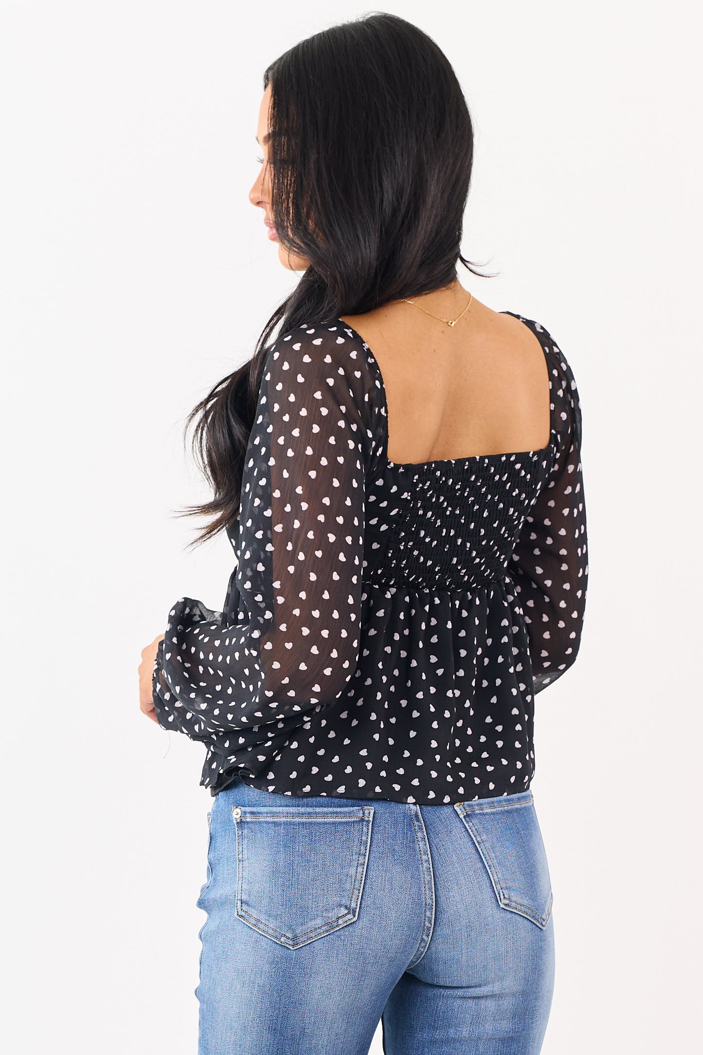 Black Mini Heart Babydoll Bubble Sleeve Blouse