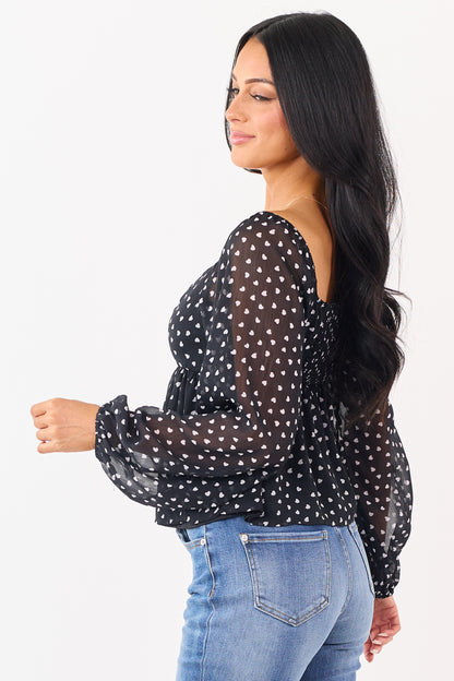 Black Mini Heart Babydoll Bubble Sleeve Blouse
