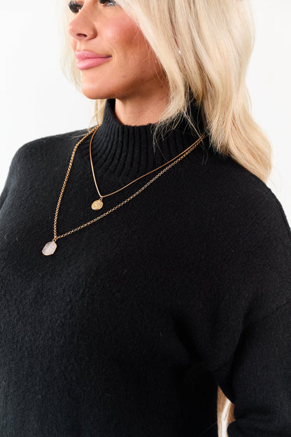 Black Mock Neck Relaxed Ribbed Trim Sweater