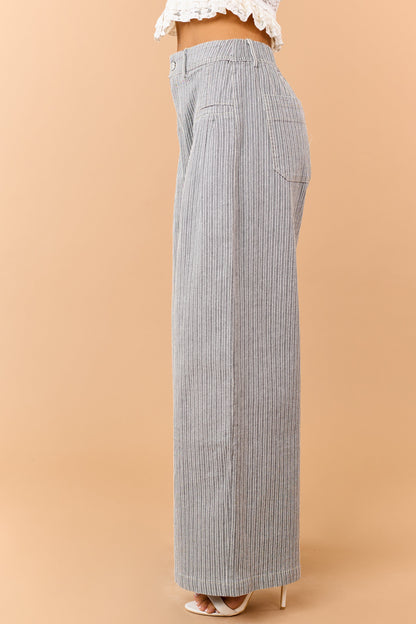 Black Striped Elastic Waistband Wide Leg Pants