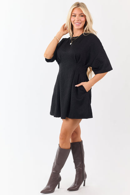 Black Textured Floral Jacquard Pleated Mini Dress