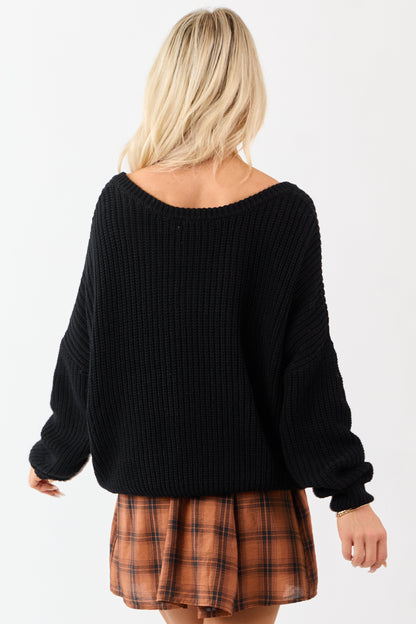 Black V-Neck Rib Knit Relaxed Sweater