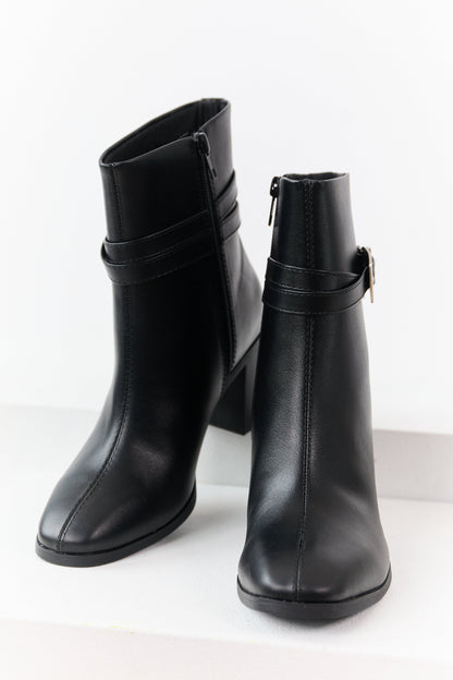 Black Faux Leather Block Heel Buckle Booties