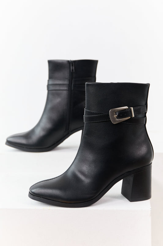 Black Faux Leather Block Heel Buckle Booties