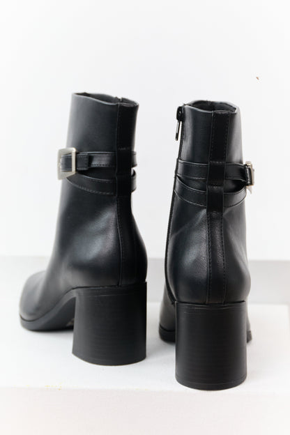 Black Faux Leather Block Heel Buckle Booties