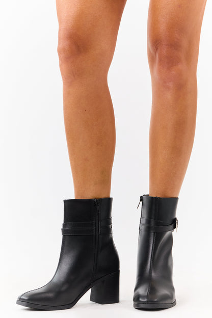Black Faux Leather Block Heel Buckle Booties